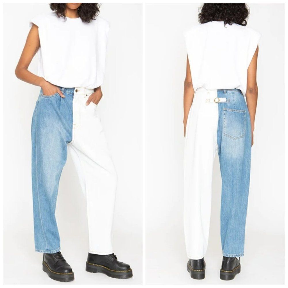 Free People Asymmetrical Two-Tone Flare Jeans in Light Blue and White